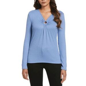 ELLA Rafaella Women's Plus Size O-Ring Ribbed V-neck Long Sleeve Top 1X